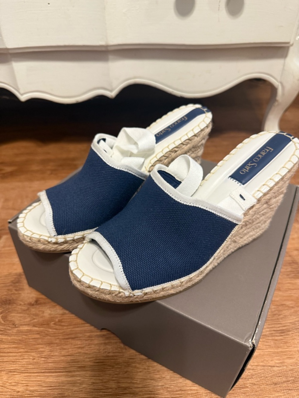 Franco Sarto Navy and White Canvas Espadrille Wedge Sandal - Picture 4 of 8